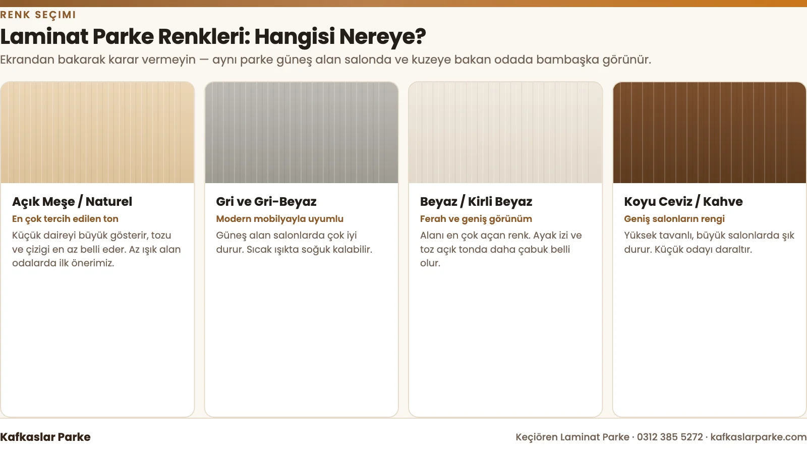 Laminat parke renkleri: açık meşe, gri, beyaz ve koyu ceviz tonları